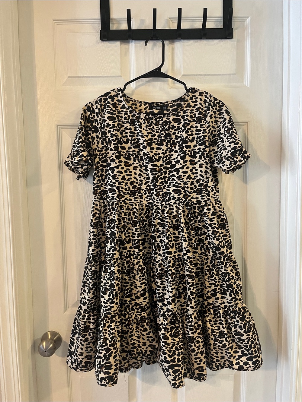 Boohoo Womens Leopard Print Tiered Dress Black Cream Tan